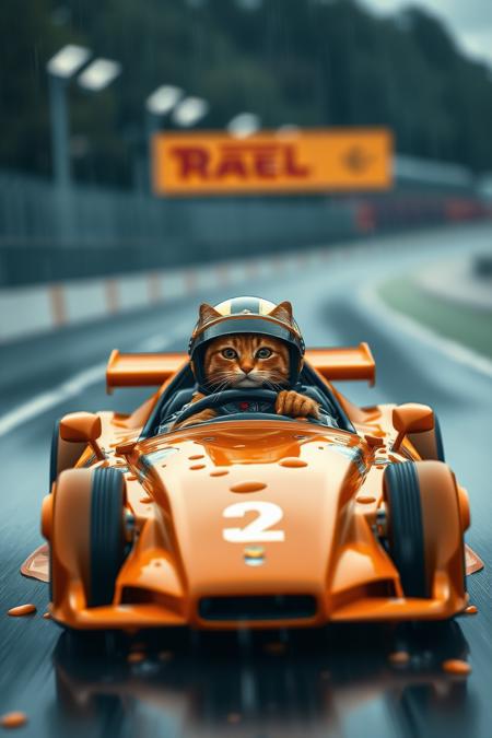 caraf, caramel car on the racetrack, cat with helmet as driver, a dramatic display of speed and action, motion blur, caramel rain