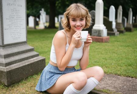 20-year-old, sweet, soft-spoken vintage girl, (hazel eyes:1.1), (long eyelashes:1.2), light freckles across nose, short curly bob in (dirty blonde:1.2), petite build, side-swept bangs, (shy smile:1.3), rosy cheeks, big round eyes, gentle expression, (small waist:1.2), delicate hands, (porcelain-like skin:1.3), wearing ribbed tank top, plaid mini skirt and knee-high socks. sipping from a cup in a churchyard. high contrast, photo is at low angle, the mood is peaceful, feeling nervous