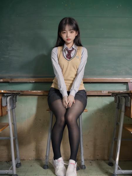 asian girl looking at viewer in classroom,  <lora:epiCRealismHelper:0.5> <lora:more_details:0.5> <lora:kschool:1> kschool, pencil skirt, ribon,vest,sneakers, <lora:heisi-000008:0.4> black_pantyhose