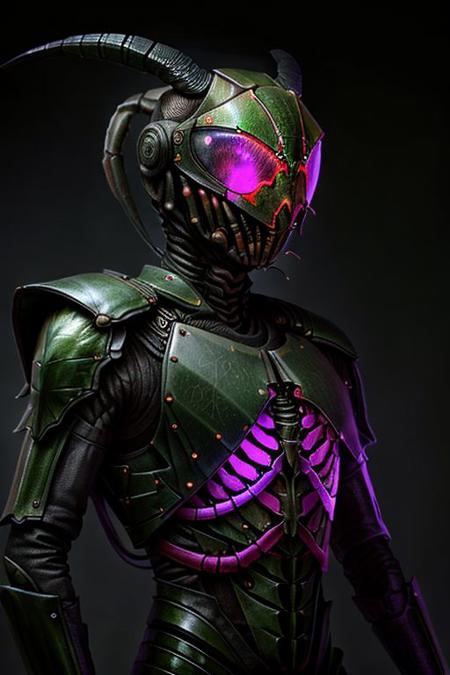 portrait of (long neck, slender arms)) bulletproof vest, helmet with demon horns, Mantis, greater stag beetle, crab, (purple glowing), detailed background, floating particles, darkness,