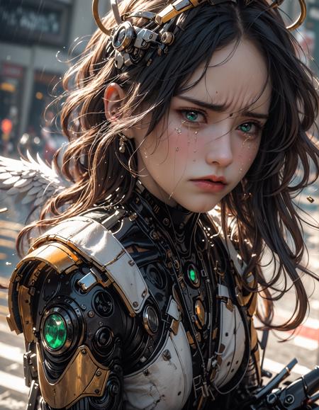 (dramatic, gritty, intense:1.6),masterpiece, best quality, 32k uhd, insane details, intricate details, hyperdetailed, hyper quality, high detail, ultra detailed, Masterpiece,
An angel-faced female robot, Have tears in one's eyes, wailcryChinese punk, in the style of meticulous realism, 32k uhd, high quality photo, light amber and emerald
<lora:~Q?-Tlg:ZCrying machine:0.8>