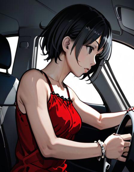 aoi tsukasa, 1girl, solo,  bracelet, jewelry, realistic, black short hair, black eyes, ultra pose
inside a car , (body shot)
(<lora:Aoi_Tsukasa:1> Aoi Tsukasa),
parted lips, (black room background:1),