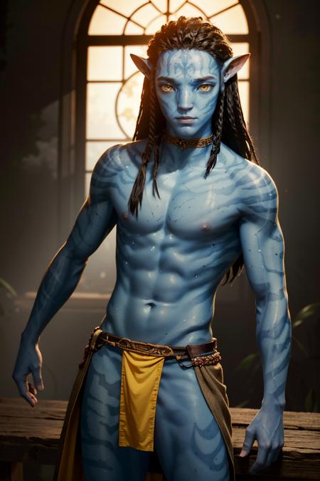 AvLoak, 1boy, blue skin, yellow eyes, black hair