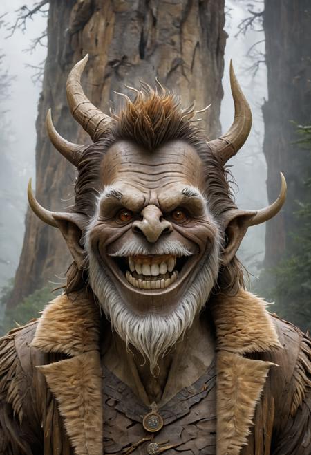 Portrait of a towering, slender Yeti with biological characteristics resembling those of humans, big smile, white teeth, rough and weathered stone textures, warm golden brown color scheme, distinctive antlers, 7 feet tall, playful behavior, misty mountain environment, subtle wisps of fog, style reminiscent of ancient mythology, color palette featuring earthy tones and rich browns, mood evoking a sense of wonder, soft natural lighting, perspective from below looking up, background elements including ancient trees and mist-shrouded peaks, interactive elements inviting the viewer to explore the mystery, emotional response eliciting a sense of awe.  <lora:big_smile_sdxl_v1:1>