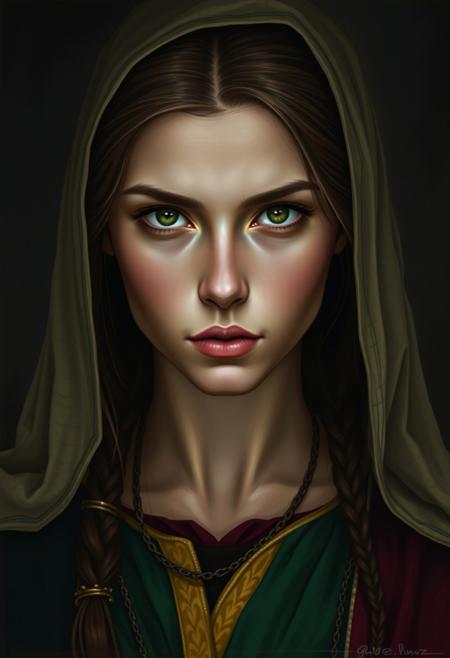 A highly detailed digital portrait of a young woman embodying the intensity of a heretical Christian figure. She has an intense, defiant gaze, conveying both conviction and inner strength. Her clothing reflects medieval or Renaissance Christian symbols but with subtle deviations to suggest her outsider status—symbols of rebellion or forbidden knowledge subtly integrated. The color palette is a bold triad of deep garnet, rich green, and soft yellow, creating a striking contrast against darker, shadowed surroundings. Her expression is both serene and intense, capturing a quiet defiance and a deep spirituality that challenges orthodox beliefs.