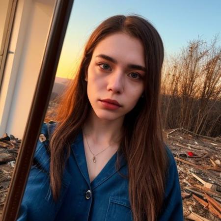 A selfie style photo of the last 25 year old woman from the last day of human kind on earth, extremely detailed, apocalypse, end of times