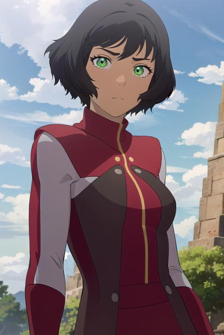 avataropal, <lora:avatar opal-lora-nochekaiser:1>,
opal, short hair, black hair, (green eyes:1.2), dark skin, dark-skinned female,
BREAK gloves, boots, fingerless gloves, uniform, turtleneck, (red uniform:1.5),
BREAK outdoors, forest, nature, grass, trees, sun, sky, clouds,
BREAK looking at viewer, (cowboy shot:1.5),
BREAK <lyco:GoodHands-beta2:1>, (masterpiece:1.2), best quality, high resolution, unity 8k wallpaper, (illustration:0.8), (beautiful detailed eyes:1.6), extremely detailed face, perfect lighting, extremely detailed CG, (perfect hands, perfect anatomy),