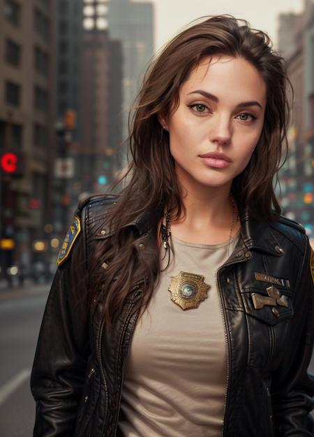 Portrait of anjo as a beautiful female model, georgia fowler, beautiful face, with short dark brown hair, in cyberpunk city at night. She is wearing a leather jacket, black jeans, dramatic lighting, (police badge:1.2) <lora:AngelinaJoliev1:0.9>