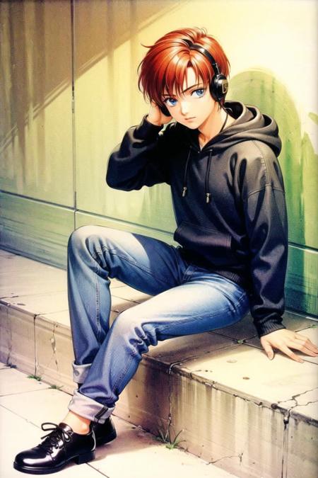 takada akemi,

((1boy)),  bangs, black footwear, blue eyes, casual, dated, denim, headphones, hood, hood down, hoodie, jeans, long sleeves, looking at viewer, pants, red hair, short hair, sitting, solo,

1980s \(style\), painting \(medium\), retro artstyle, watercolor \(medium\),

<lora:takada_akemi_offset:0.7>