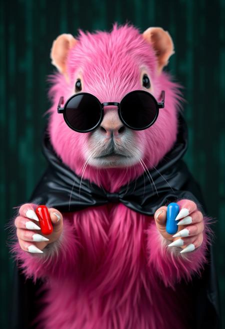 Pink capybara with black round mirrored glasses, like in the Matrix. She is wearing a black latex cape. In one paw she holds a red pill, in the other a blue one. She holds them out directly to the observer in the camera.
