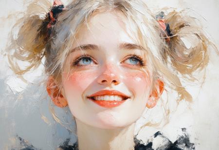 A cherubic 25 year old woman with windblown ash-blonde pigtails and blunt bangs obscuring her brows gazes warmly from an intimate, upward angle, her coral lips parted in a shy, blushing smile. Rendered in oil’s lush impasto with Yoshitomo Nara’s tender whimsy and Monet’s hazy pastels—blush pinks bleed into powder blues across her velveteen cheeks. Diffused light caresses stray gilt hairs framing azure eyes, while faint indigo ink rivulets seep through the ivory backdrop, contrasting the crisp black dress matte folds.