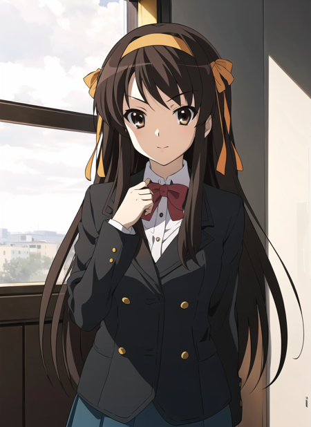 <lora:kyoani_haruhi_style_offset:1> kyoani haruhi style,  1girl, official alternate hairstyle, solo, official alternate costume, long hair, ribbon, school uniform, brown hair, hair ribbon, brown eyes, hairband, bow, jacket, orange hairband, ((masterpiece))