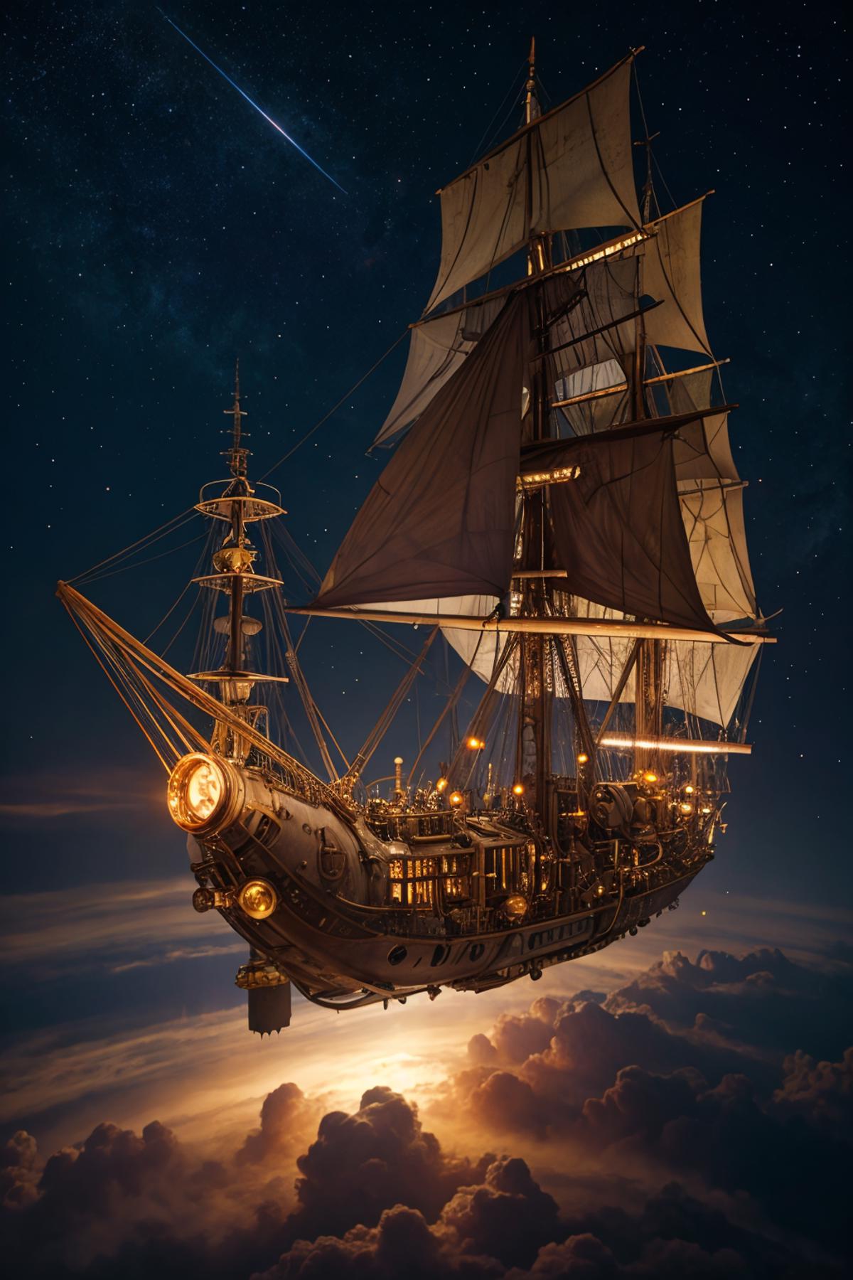 A pirate ship sailing in the night sky with sails and lights.
