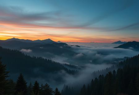 mist, mountains, rivers and forests, a wide vista, medieval, D&D, real photo, 4k, high contrast, vibrant colours, movie still, sunset, rich colours, mountain view