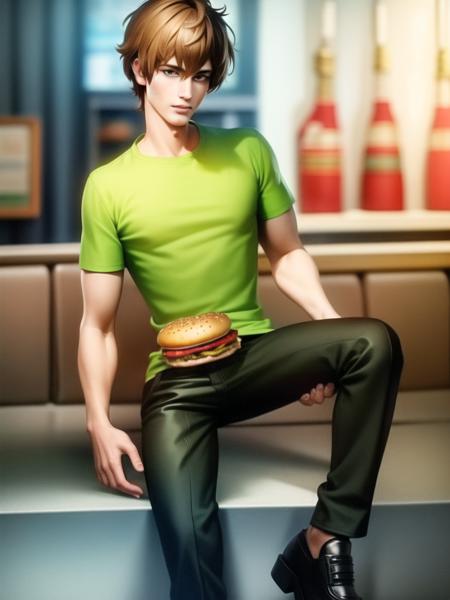 1boy, Shaggy, a man with green shirt, brown pants, black shoes, eating burger, restaurant background,  <lora:Shaggy-000010:0.7> , (masterpiece:1.4),(best quality:1.4),(shiny skin),realistic