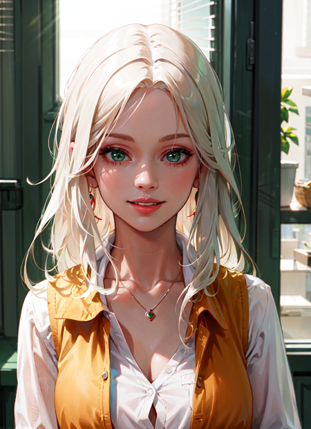 anime style,  <lora:liv_moore_offset:0.5>, liv moore, girl, jewelry, necklace, solo, looking at viewer, blonde hair, white hair, blurry, indoors, parted lips, long hair, upper body, realistic, depth of field, blurry background, green eyes, lips, blinds, shirt, vest, smile