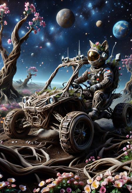 morph-treeroots, (made of roots:1.3), closeup shot, from side, cute small offroad buggy, astronaut cat driving, wear round goggles, wear astronaut suit, run through in space planet forest, Dust, flowers, cinematic, cinematic lighting, (masterpiece, best quality:1.4), ultra-high res, 4k, Photorealistic, insanely detailed, sfw,