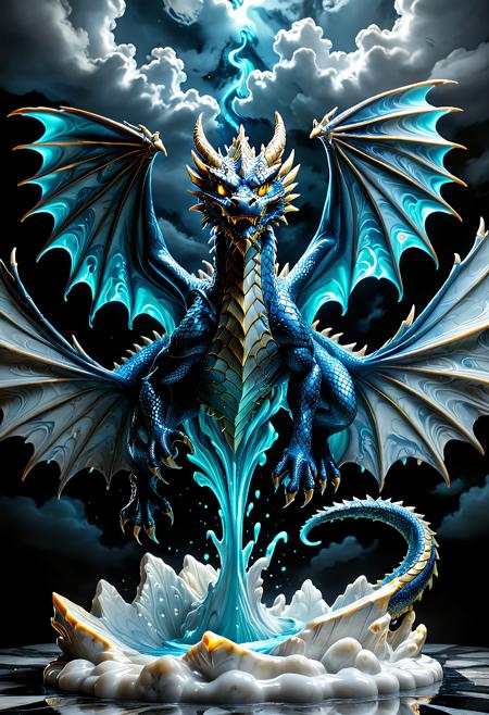 , majestic dragon made of swirling liquid marble, wings stretched wide and dripping glowing marble fluid, scales formed from polished stone with moving veins of color, glowing eyes, dynamic pose mid-flight, ancient sky with marble clouds, high contrast lighting, magical realism, ultra detailed creature design, powerful and elegant presence, full body, floating mid-air, cinematic perspective, fantasy concept art
