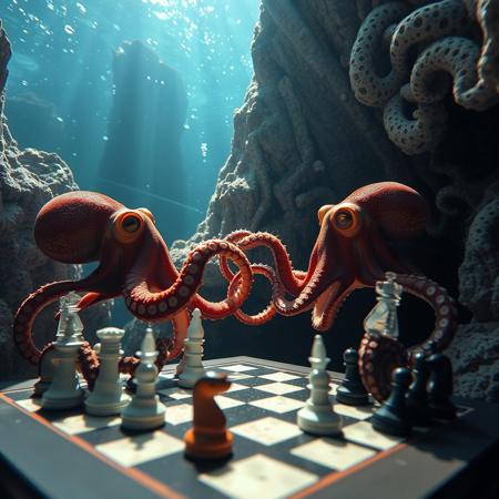 a very detailed close picture of a n octopus playng chess with another octopus underwater near an intricate rock formation, sunlight pasing throw water, chess pieces on the  chess table