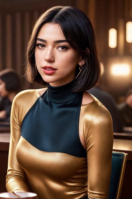 photo of extremely sexy (2ual1pa-130:0.99), a woman as a sexy student, closeup portrait, bob haircut, (blue tight long sleeve turtleneck top), at a cantina sitting bar (masterpiece:1.5) (photorealistic:1.1) (bokeh) (best quality) (detailed skin texture pores hairs:1.1) (intricate) (8k) (HDR) (wallpaper) (cinematic lighting) (sharp focus), (eyeliner), (painted lips:1.2), (earrings)