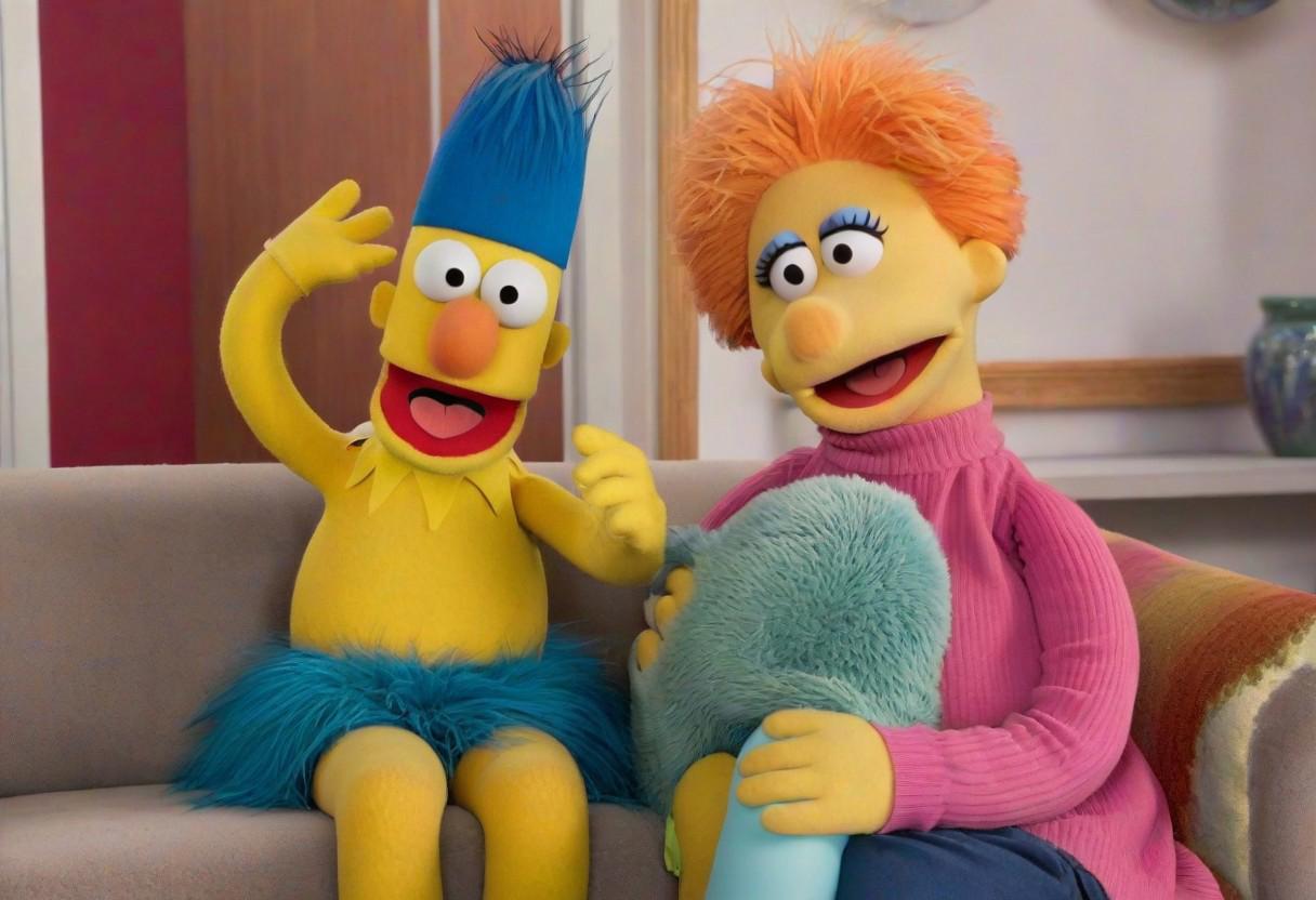 MuppetShow style, Bart Simpson, Homer Simpson, Marge Simpson, Lisa Simpson, Maggie Simpson, sitting on a couch in a living room