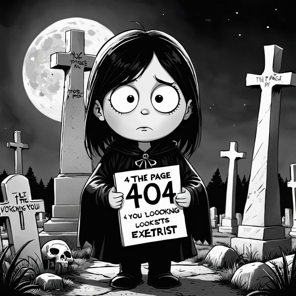 A cartoon girl holding a sign in front of a cemetery.