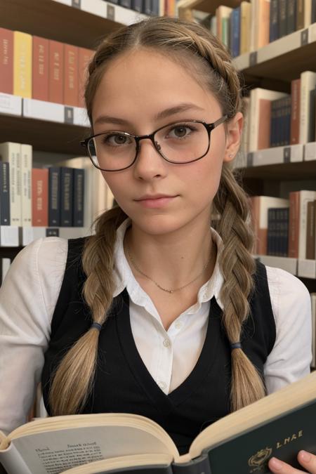 <lora:Wolvie_andr3ada1mauva11sFULL_v5:1>, andr3ada1mauva11s, woman, (toned), masterpiece, best quality, cute, ultra-detailed, high res, highly detailed, perfect face feature, small breasts, black frame glasses, reading a book, sitting in a library, school uniform, twin braids