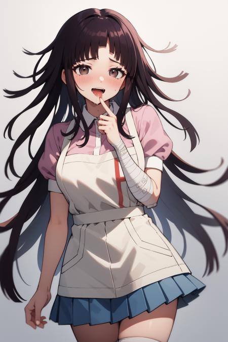 masterpiece, best quality, highres, large breasts, tmikan, purple hair, (brown eyes:1.2), long hair, messy hair, bandaged arm, bandaged leg, bandaid on knee, pink shirt, puffy short sleeves, white apron, pleated skirt, empty eyes, happy, full-face blush, nose blush, smile, saliva, drooling, cowboy shot<lora:Mikan-16:1>