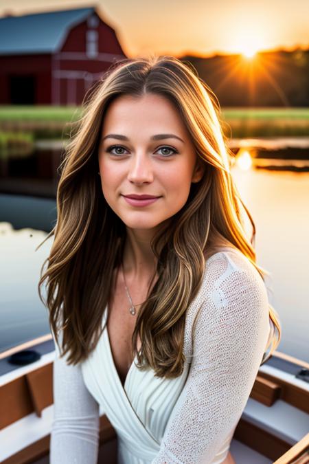 half portrait of MarileeSD15 wearing a white one piece ((sitting on a rowboat floating in the middle of a pond on a farm)), sunset and barn in the background, natural skin texture, 24mm, 4k textures, adobe lightroom, photolab, elegant, highly detailed, sharp focus, natural warm even lighting, soothing tones, insane details, intricate details, hyperdetailed, exposure blend, (extreme face details), ((golden hour))