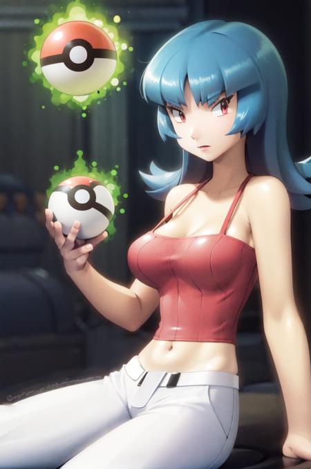 (masterpiece, best quality:1.2), 1girl, solo, sabrina, pokemon, flipped hair, aqua hair, red eyes, red tank top, spaghetti strap, midriff, crop top, white pants, bare shoulders, large breasts, telekinesis, camisole, floating objects, pokeballs, simple background <lora:SABRINA-15:0.9> <lora:kenSugimori1990sClassic_v12:0.8>