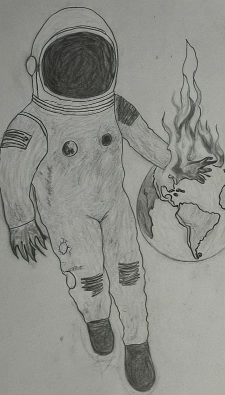 space man on fire infront of a globe  <lora:DD-Drawing-XL:1> black, and, white, drawing