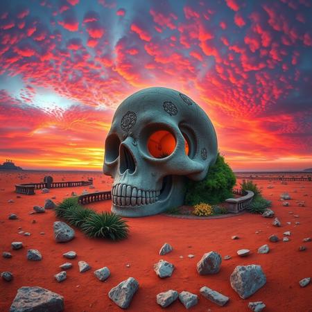 wide angle landscape image of an intricately designed, gothic-inspired house shaped like a human skull, with a grand, ornate entrance in its mouth and two circular windows resembling eyes, stands alone in a dry red dusty plain littered with jagged rocks. The  house's surface adorned with subtle, eerie carvings and intricate stonework, a neat garden surrounds the house, adorned with vibrant, curly vines and exotic flowers, as the sky above is set aflame by a vivid, pink-orange-purple sunset, casting a warm, golden glow over the entire scene