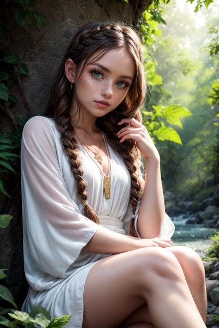 (best quality, masterpiece:1.3), 1 girl, adult (elven:0.7) woman, freckles, coral eyes, medium brown braided hairstyle,,  Sitting with legs outstretched, portrait, looking at viewer, solo, half shot, detailed background, close up, shining (ancient mesopotamian theme:1.1), divine deity of nature, forest, (style-sylvamagic:1.0),  leaf necklace, green background, abundant greenery, wildlife, peaceful nature, lush plantlife, small creek,  dark green robe, majestic divine atmosphere, bright light, holy aura, bloom,  divine light, white clothes,   dynamic pose, , <lyco:CulturePunkBundle-000007:0.5>, fairytaleai, fairytale, <lora:add_detail:1>,