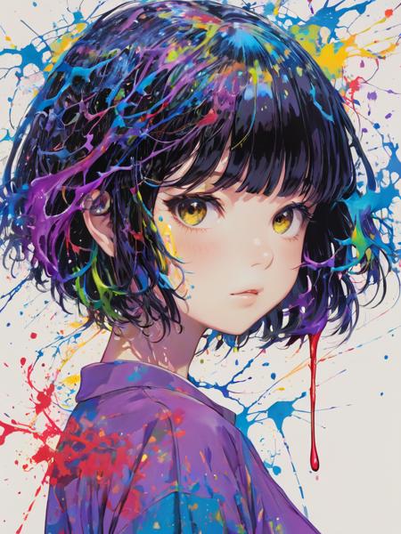 (Masterpiece:1.2), ((intricate details)), cover art, chaos,
upper body, 1girl, japanese girl, short hair, black hair, bangs, hair on forehead, high quality, (red, blue, yellow, purple, green ink), ((front view)), face dripping, clothes dripping, ink dripping, (addnet weight 1:1.0), (double exposure), ink scenery