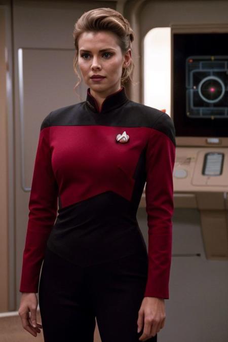 stunning woman in red and (black:1.1) s3stngunf uniform standing on enterprise bridge, beautiful blondish brown hair, hair upsweep updo, ((close upper body shot)) looking at camera, 8k uhd, dslr, soft lighting, high quality, film grain,masterpiece quality,Fujifilm, XT3<lora:TNGS3Standalone:0.8>