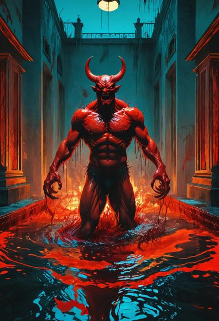 A nostalgic, 1980s-inspired horror scene features a menacing red demon rising from a pool of blood, evoking fear and tension. The vivid colors and bold lines of the retro art style capture the essence of the era, while the demon's eerie presence and the blood-soaked setting create a chilling atmosphere that immerses the viewer in the story.