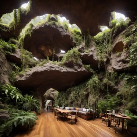 a modern building with cave, ceiling, lots of plants and room with wooden floor, <lora:add_detail:0.5>