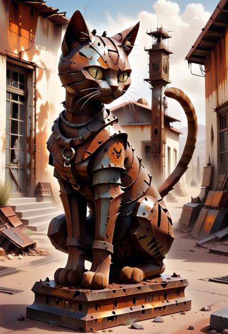 lazympos, dvr-rst, statue of a cat made of rust,