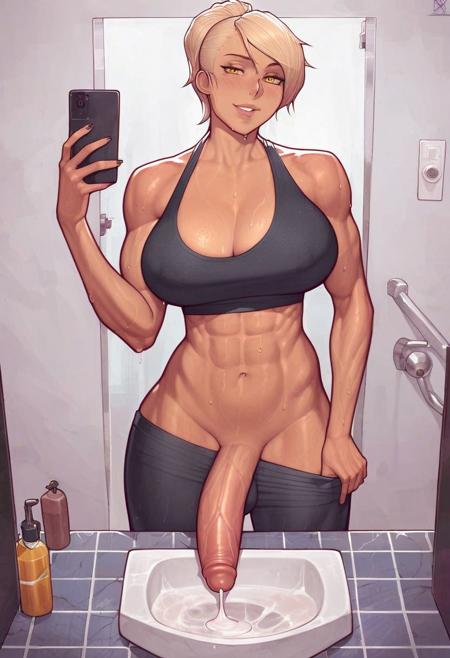 score_9, score_8_up, score_7_up, score_6_up, score_5_up, source_anime, 1girl, muscular, toned abs, sweaty, tan skin, light blonde hair, short hair, hair swept to one side, ponytail, large breasts, yellow eyes, blushing, steamy, begs, verybadimagenegative_v1.3, huge penis, futanari, level pov, solo, BREAK, asura \(asurauser\) <lora:ps6xp2:1> asanagi, indoors, bathroom, dominant, muscular legs, seductive, black eyeliner, seductive smirk, standing, looking at viewer, black sports bra, lifting up sports bra, flashing breasts, mirror selfie, bathroom sink, yoga pants pulled down, phone in hand, cum, cum drip, standing behind bathroom counter, cum in sink, cum on counter, cum on mirror, penis on countertop