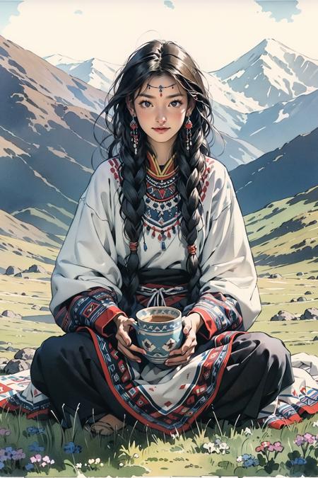 Masterpiece,best  quality,1girl, Tibetan girl, sitting by the bonfire, surrounded by vast grasslands, Tibetan tent, traditional clothes, braids, peaceful atmosphere, mountainous backdrop, camping trip, authentic cultural experience, night sky full of stars, crackling fire sounds, quiet whispers, hushed conversations, Tibetan tea, warm blankets, tranquil silence, crisp air, soulful melodies, traditional musical instruments, a sense of belonging, bonding with nature, quiet reflection<lora:Tibetan_v1:0.9>