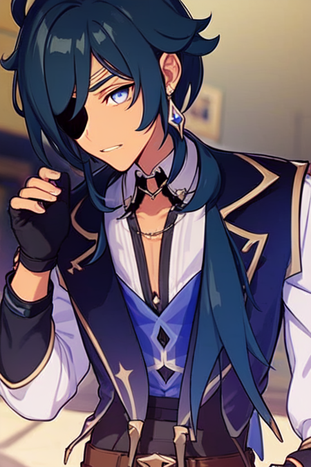 kaeya (genshin impact) 1boy male focus eyepatch, navy hair, long hair, blue eyes, star pupils, earring dark tan skin, black gloves, fingerless gloves