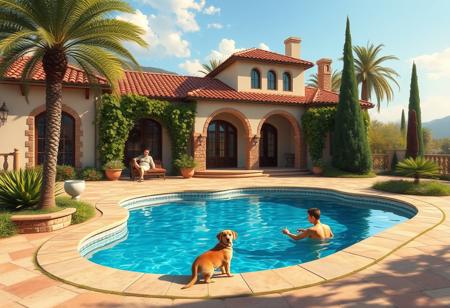 digital illustration, highest quality, highly detailed, masterpiece, best quality,art by Donato Giancola ,ADDBASE, scenery, outdoors, day, ((Spanish style villa exterior)),the villa has red roof tiling arched windows,stone walls and  stucco,afternoon time ,beautiful landscape,nice pool , family and their puppy enjoying the pool in the sunny day, soft lighting, high quality,close up shot
