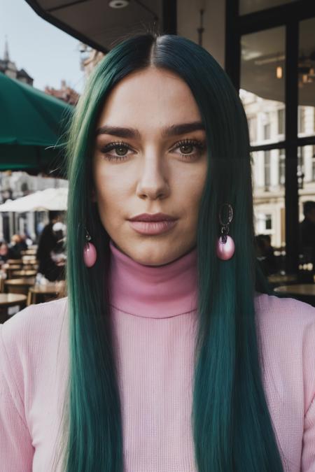 dlp piercing eyes, looking straight, very happy,long green hair, wearing a pink turtle neck shirt, closeup portrait, in a outdoor cafe in 2015, afternoon light, <lyco:DuaLipa-RealVision-V1.0:1.0>