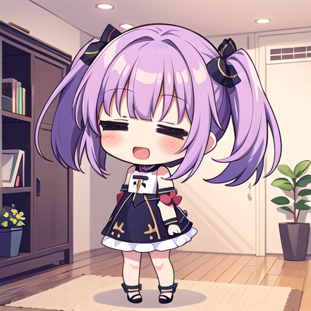 <lora:hotarueye_comic3_type3:1.5>, 1girl, (chibi:1.4), smile, open mouth, dynamic angle, standing, , purple hair, indoors