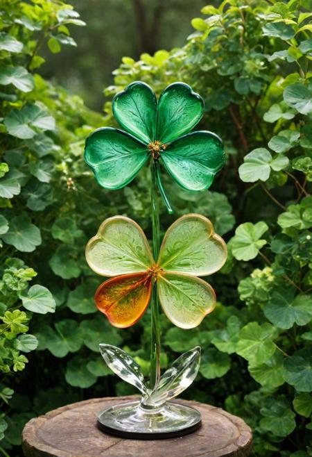 (a four-leaf clover:1.5), glass sculpture, set in a lush garden surrounded by vibrant greenery, with the glass sculpture positioned as a centerpiece. The scene should evoke a sense of enchantment and luck, with the clover glistening under the sunlight and the surrounding flora adding to the magical ambiance. (enchanted:1.2), (vibrant:1.1), (luck:1.2), (sunlight:1.1), (magical), (lush), (natural), (reflections:1.1)