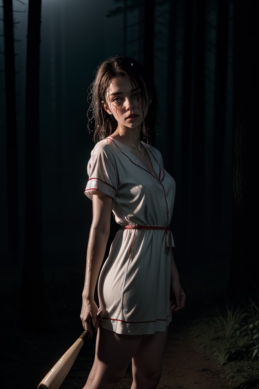photo portrait scared woman wearing pajama dress holding baseball bat, wet body in forest (dimming light:1.3) (fog:1.2) (n...