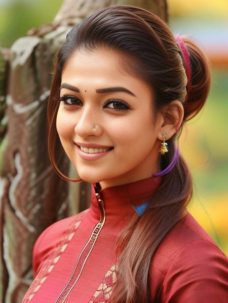 hires close up photo of a (nyth woman) outdoors, looking looking at camera, colorful high neck ethnic dress,  smiling, high pony hair, ultra-detailed, photorealistic, intricate details, perfect face, full sharp, detailed face, realistic eyes,simple white stucco background  <lora:nyth_Nayanthara_SD15_LoRA:1>