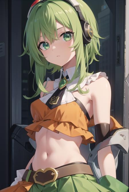 vocaloidgumi, <lora:gumitest:1>,
gumi, (green eyes:1.5), green hair, medium hair, sidelocks,
BREAK bare legs, belt, brooch, frilled skirt, frills, goggles, goggles on head, green skirt, green tube top, headphones, high heels, jacket, jewelry, layered skirt, orange footwear, orange jacket, orange skirt, pleated skirt, red goggles, shirt, skirt, strapless, tube top, yellow shirt,
BREAK looking at viewer,
BREAK outdoors, city,
BREAK <lora:GoodHands-vanilla:1>, (masterpiece:1.2), best quality, high resolution, unity 8k wallpaper, (illustration:0.8), (beautiful detailed eyes:1.6), extremely detailed face, perfect lighting, extremely detailed CG, (perfect hands, perfect anatomy),