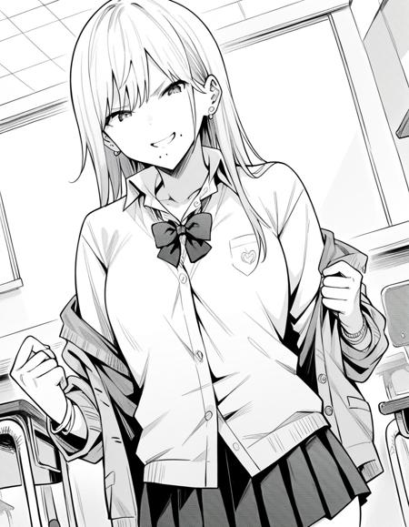 gyaru haruka, long hair, bangs, earrings, mole, mole under mouth, monochrome, greyscale, skirt, shirt, bow, school uniform, pleated skirt, open clothes, socks, collared shirt, bowtie, cardigan,