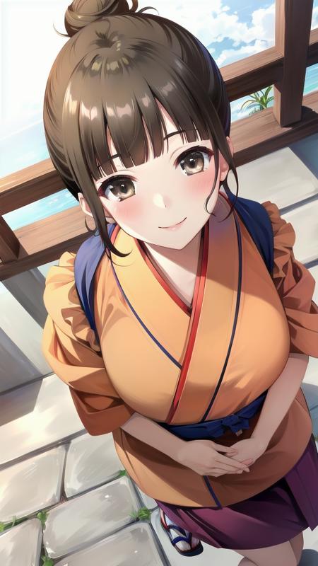 oshimizu nako, nakai,brown hair, brown eyes,hair bun,  japanese clothes, kimono,apron, sandals, single hair bun, tabi, apron